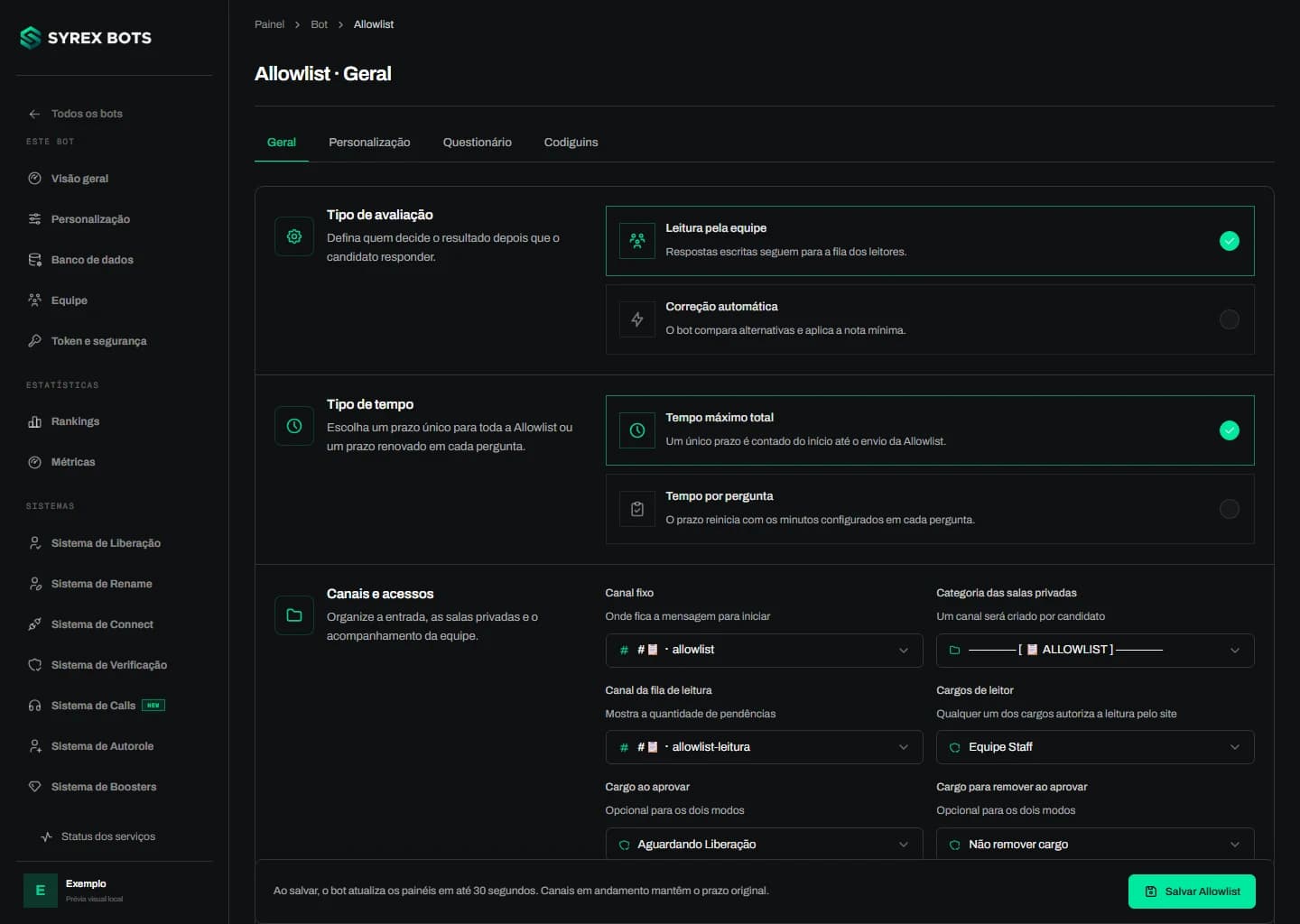 Exemplo do bot para Cidades: configuração da Allowlist, com canais, cargos e modos de avaliação.