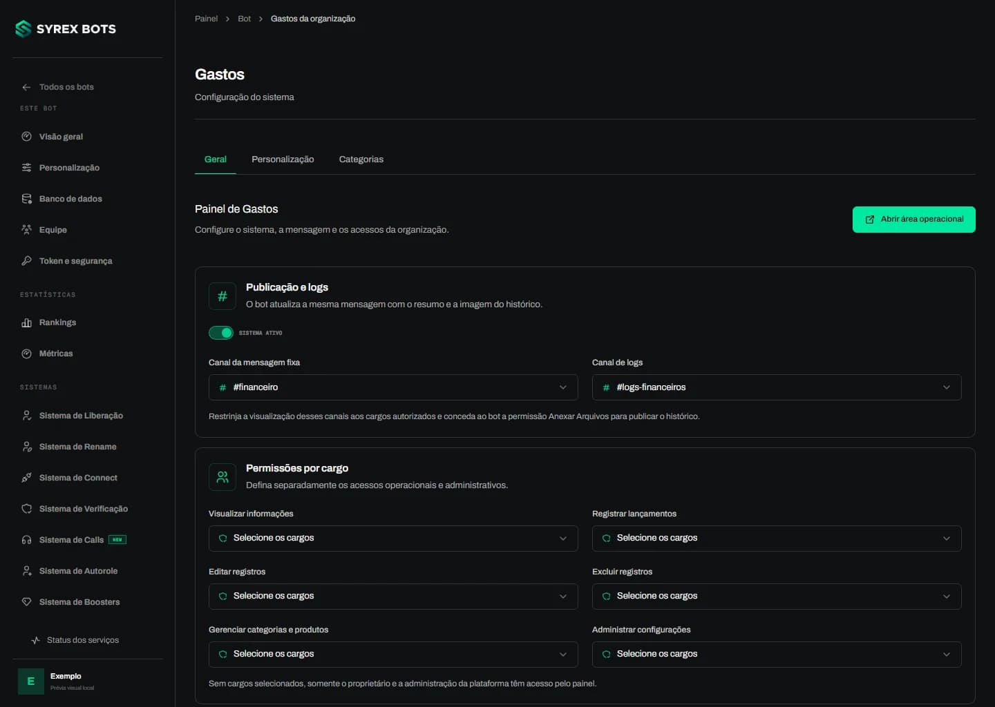 Exemplo do bot para Organizações: painel de gastos, categorias e histórico financeiro com dados ilustrativos.